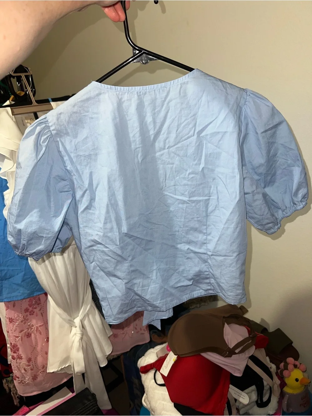 Forever 21 Poplin Light Blue Bow-Front Puff Sleeve Crop Top